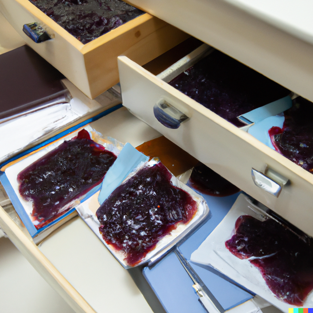 Files covered in globs of jam. (Prompt: “a desk drawer with many files, all covered in blueberry jam”)
